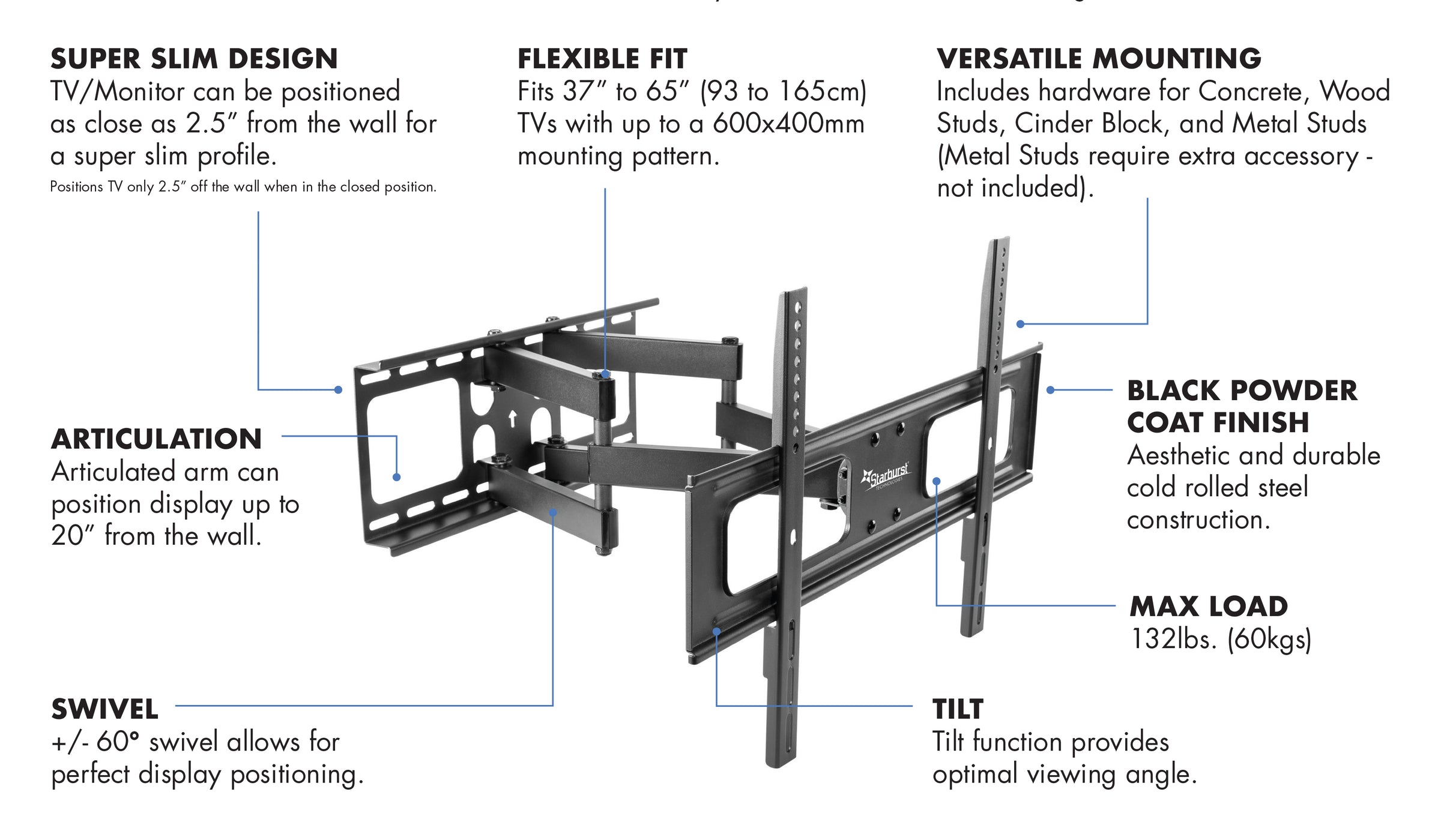 Starburst SB-3765ART-D Pro Series Full Motion Wall Mount 37