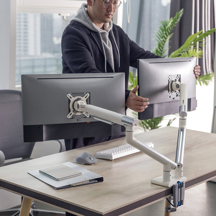 Starburst SB-FLX-2AL-U FLEXION SERIES Dual Monitor Arms with Dual USB2.0 Charging Ports, Premium Slim Aluminum, Fully Adjustable, Full Motion Tilt Swivel Rotate, Spring Assisted, For Screens Up To 32"